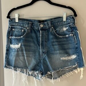 Edwin Blue Distressed Jean Shorts with Frayed Hem